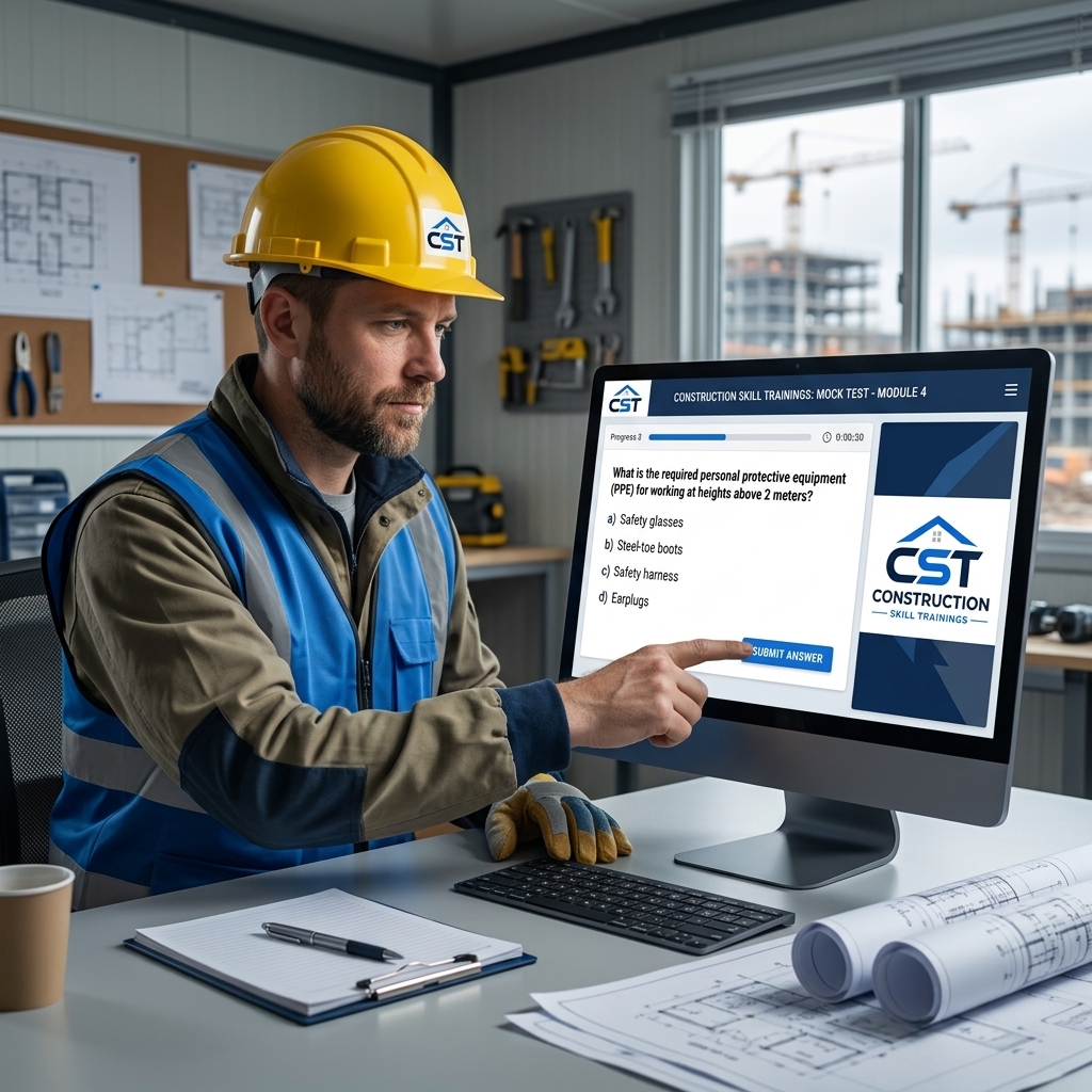 Worker taking an online touchscreen CITB mock test