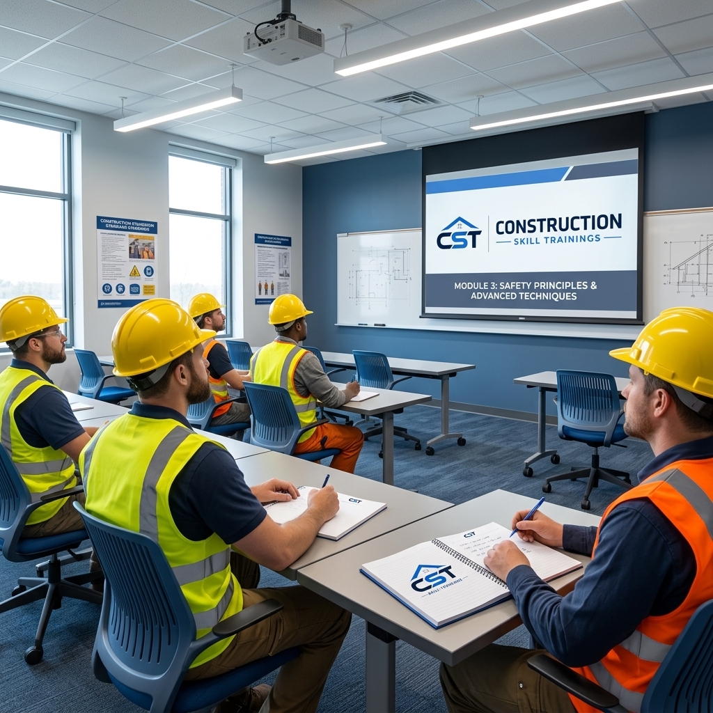 Construction workers learning in a classroom
