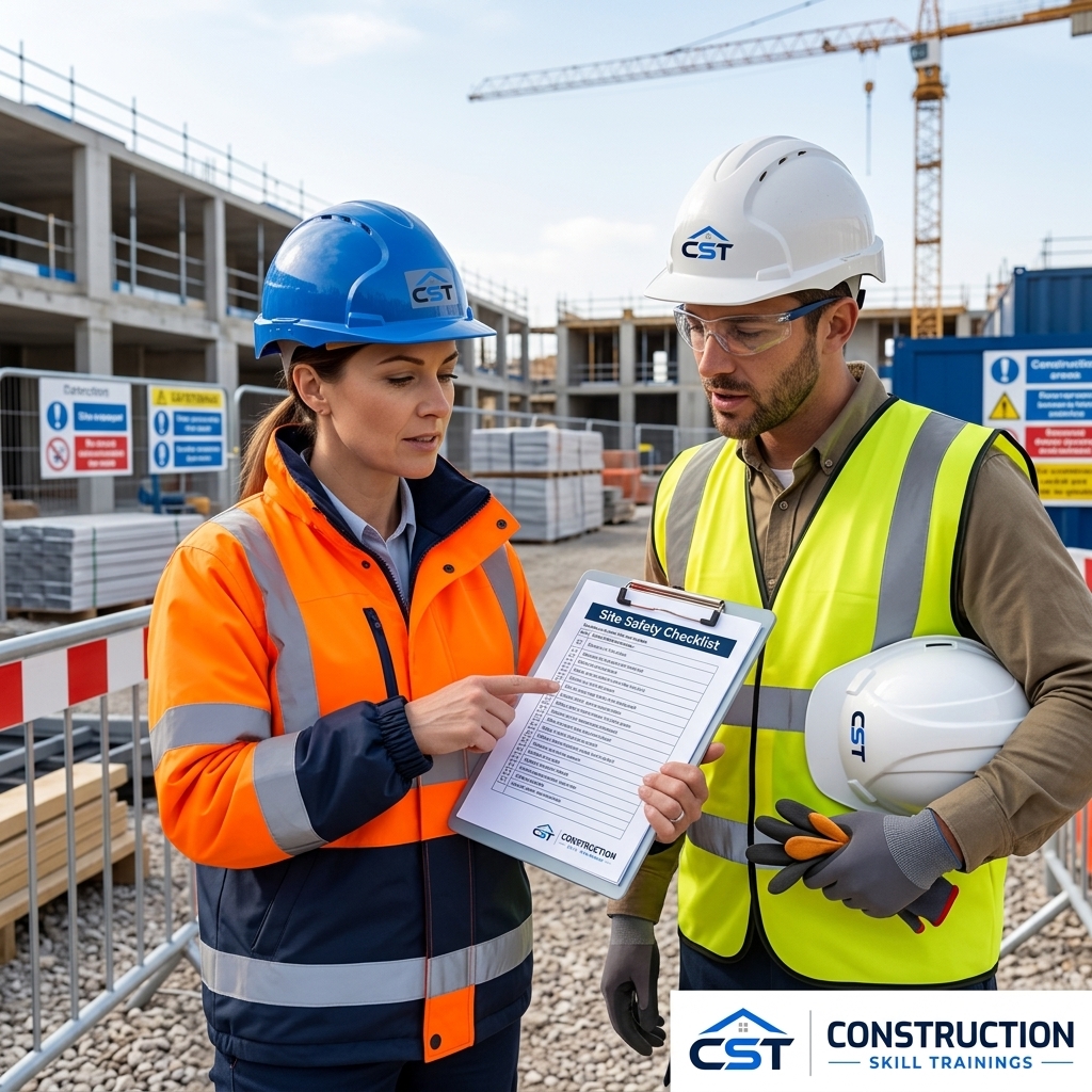 Site manager reviewing safety checklist with a worker